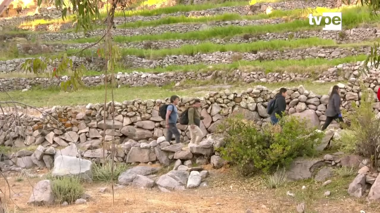 Caminantes entre andenes camino a Sitajara